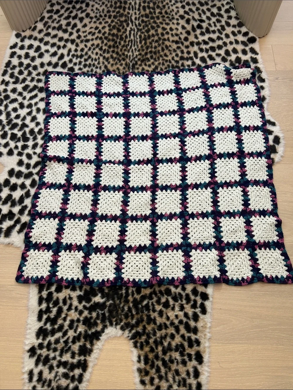 Handmade White Crochet Granny Square Blanket with Navy, Teal & Magenta Accents